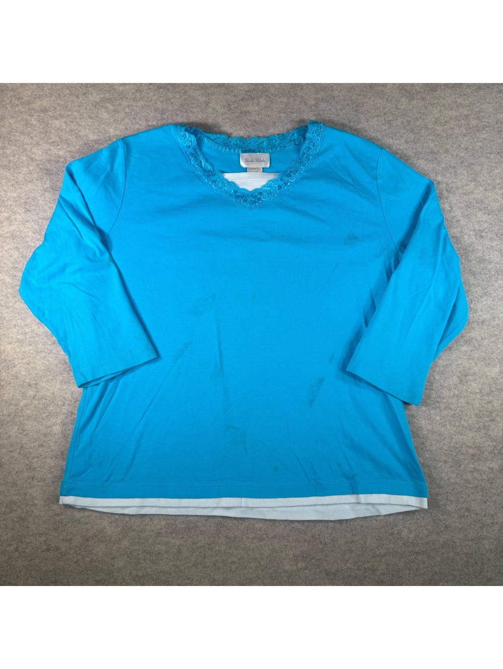 Studio Works XL Turquoise Cotton 3/4 Sleeve Top with Lace Detail